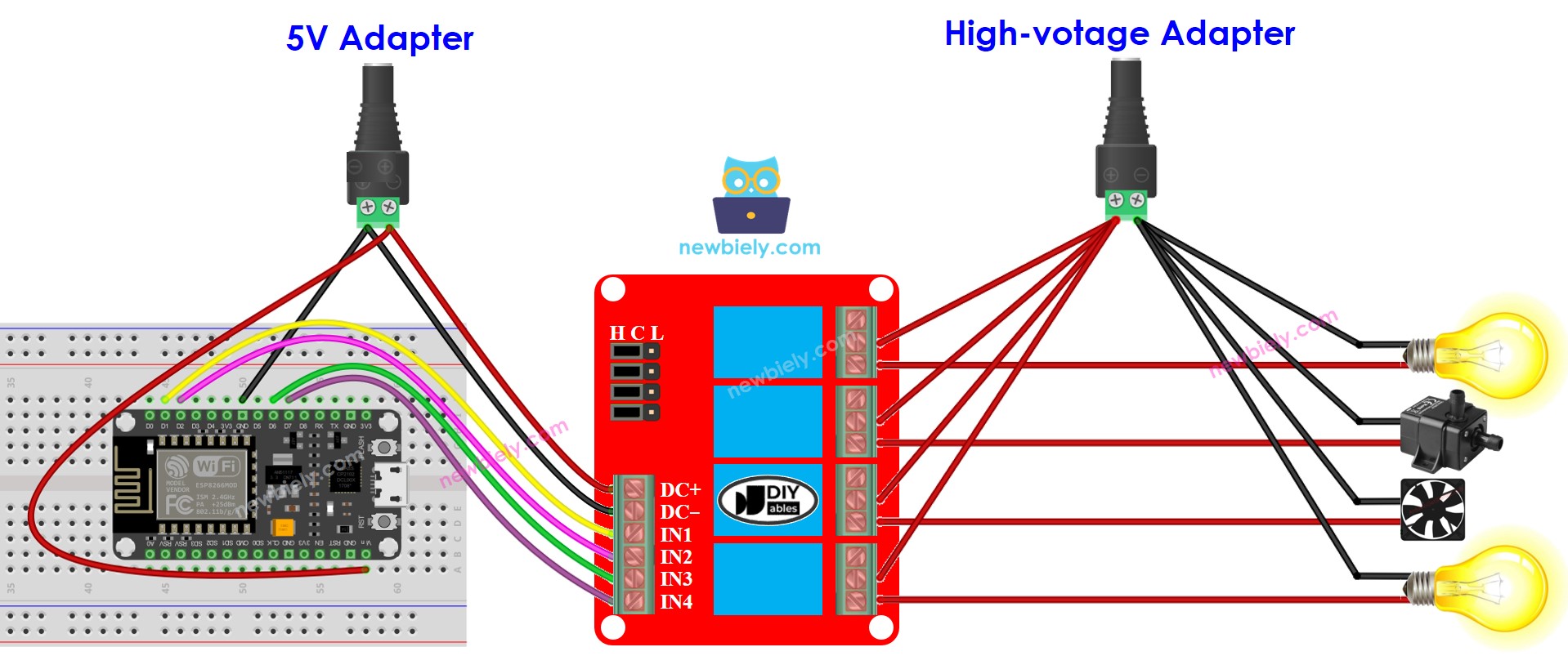 ESP8266 NodeMCU 4-Kanal-Relaismodul Schaltplan mit zwei Spannungsversorgungen