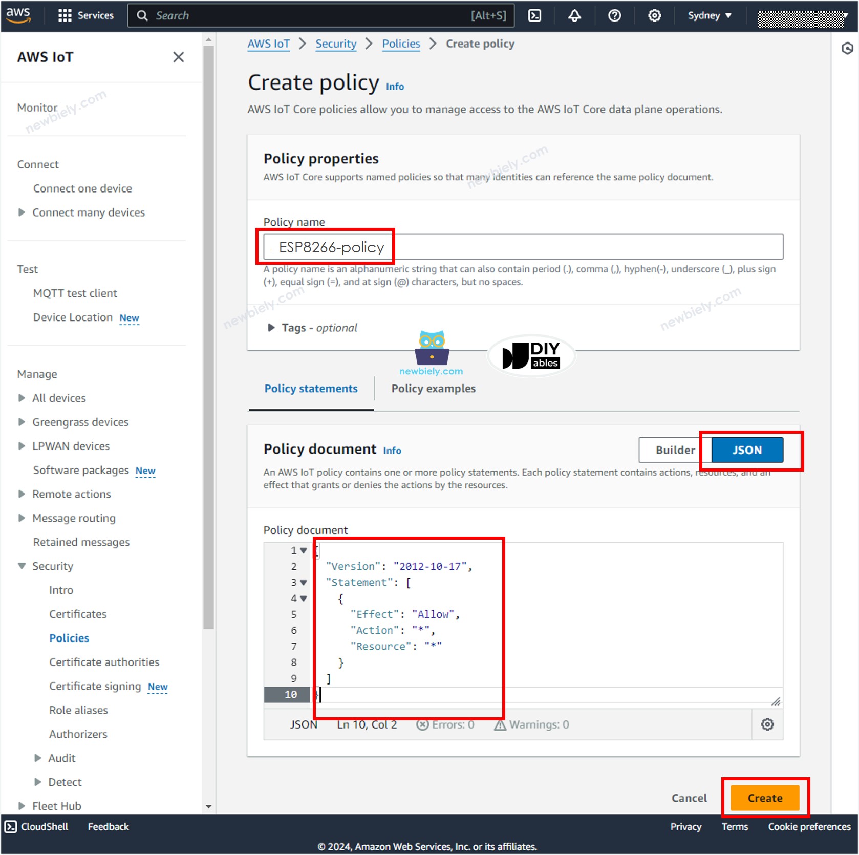 AWS IoT Core Richtlinie erstellen für ESP8266 NodeMCU