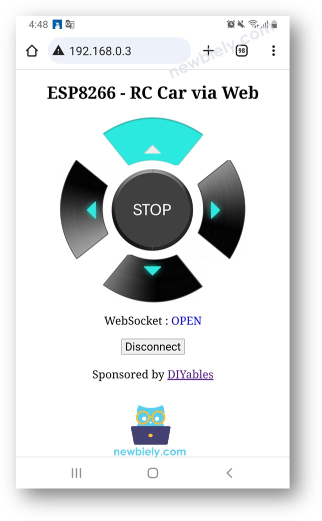 ESP8266 NodeMCU steuert das Auto über einen Webbrowser.