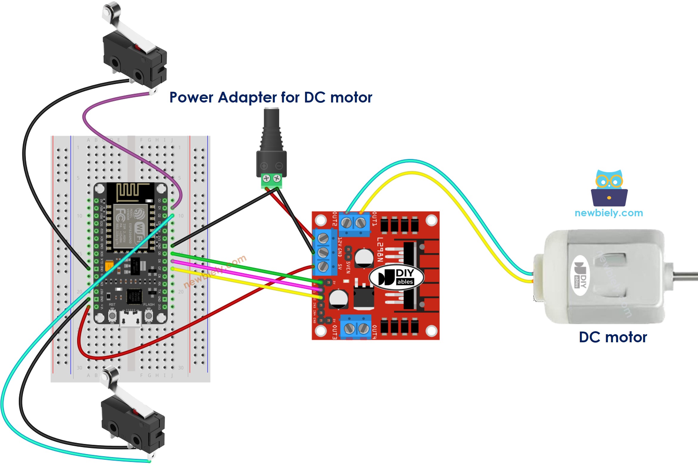 Schaltplan für die Verdrahtung eines ESP8266 NodeMCU-DC-Motors und zweier Endschalter
