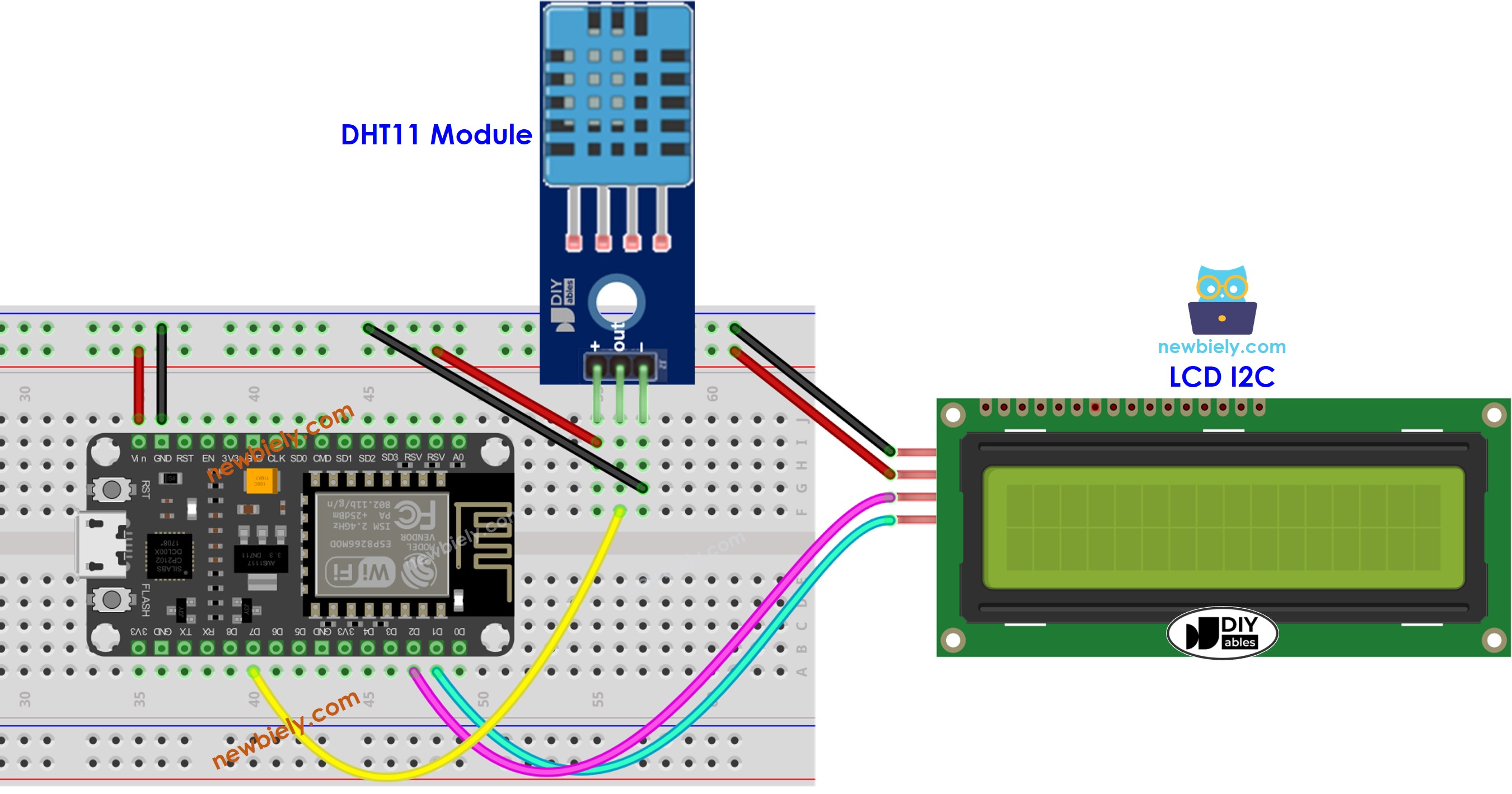 ESP8266 NodeMCU DHT11 Temperatur- und Luftfeuchtigkeits-LCD-Verkabelungsdiagramm