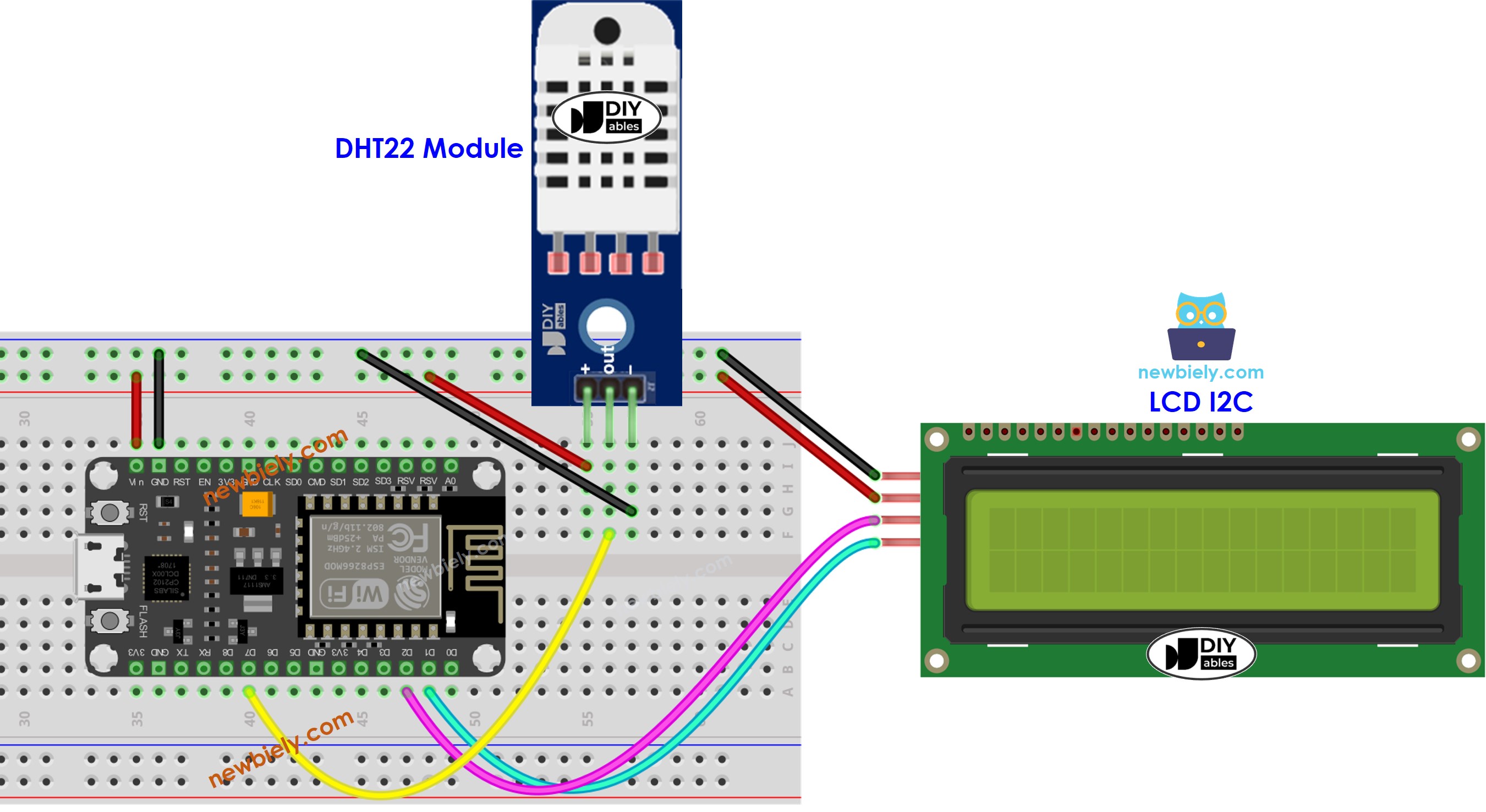 ESP8266 NodeMCU DHT22 Temperatur- und Feuchtigkeitsverdrahtungsdiagramm