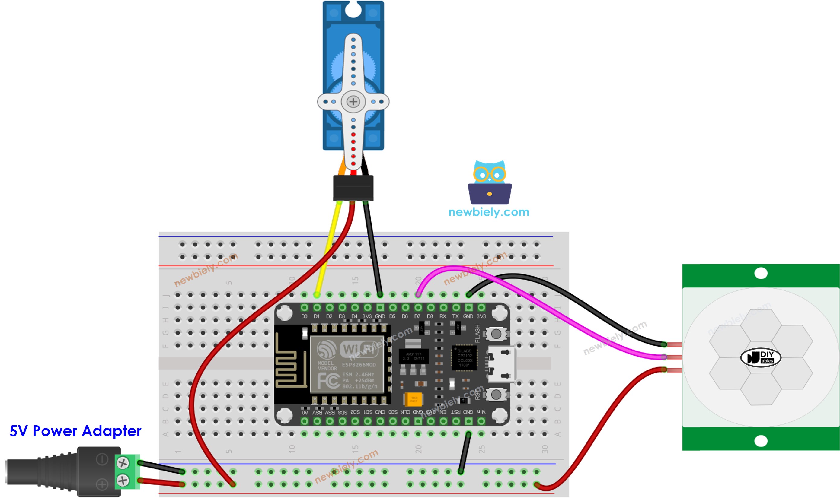 ESP8266 NodeMCU-Bewegungssensor-Servomotor-Schaltplan für zusätzliche Stromversorgung