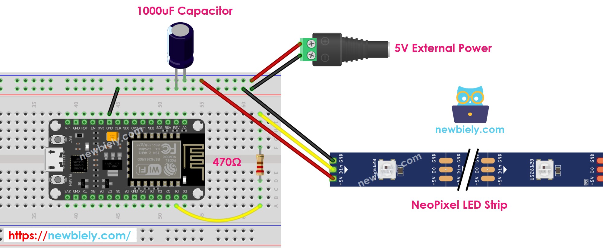 ESP8266 NodeMCU NeoPixel RGB-LED-Streifen-Verdrahtungsdiagramm