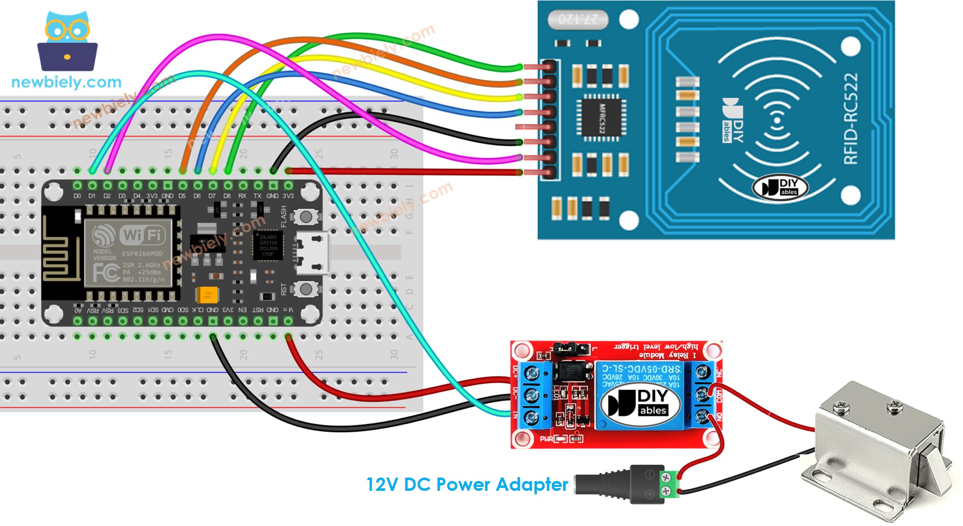 ESP8266 NodeMCU RFID RC522 Türsolenoidschloss Verdrahtungsdiagramm