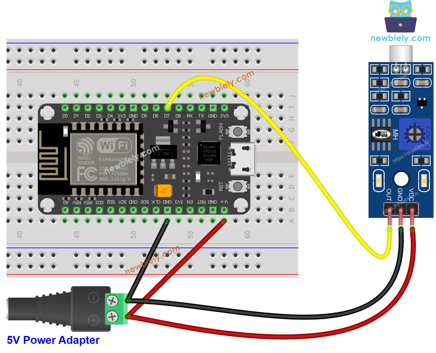 ESP8266 NodeMCU Schallsensor Vin Verdrahtungsdiagramm