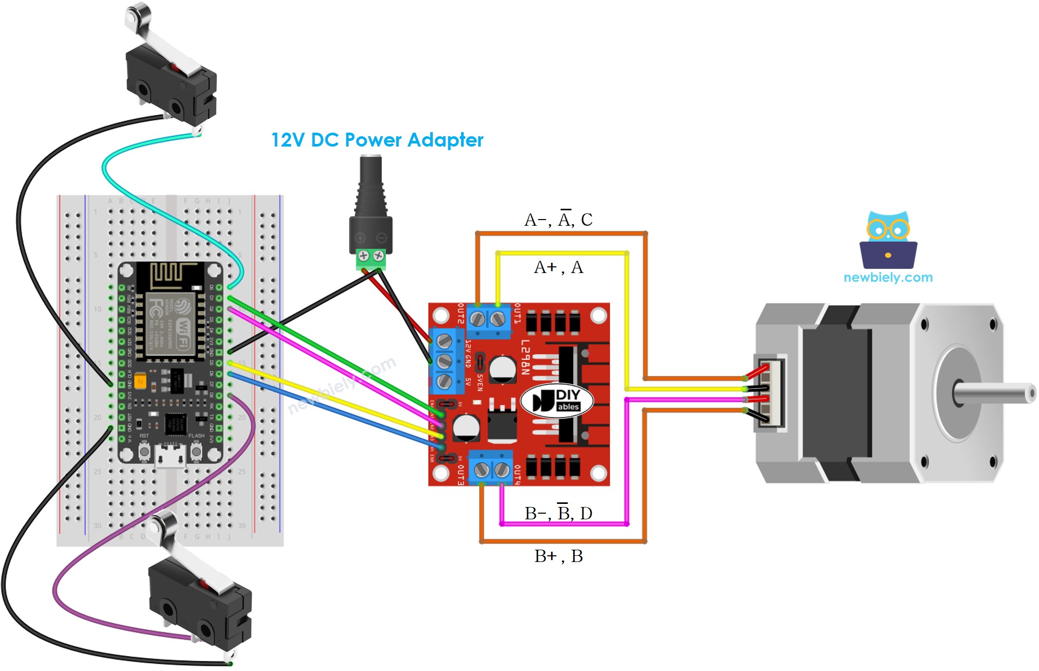 Verdrahtungsdiagramm für ESP8266 NodeMCU-Schrittmotor und zwei Endschalter
