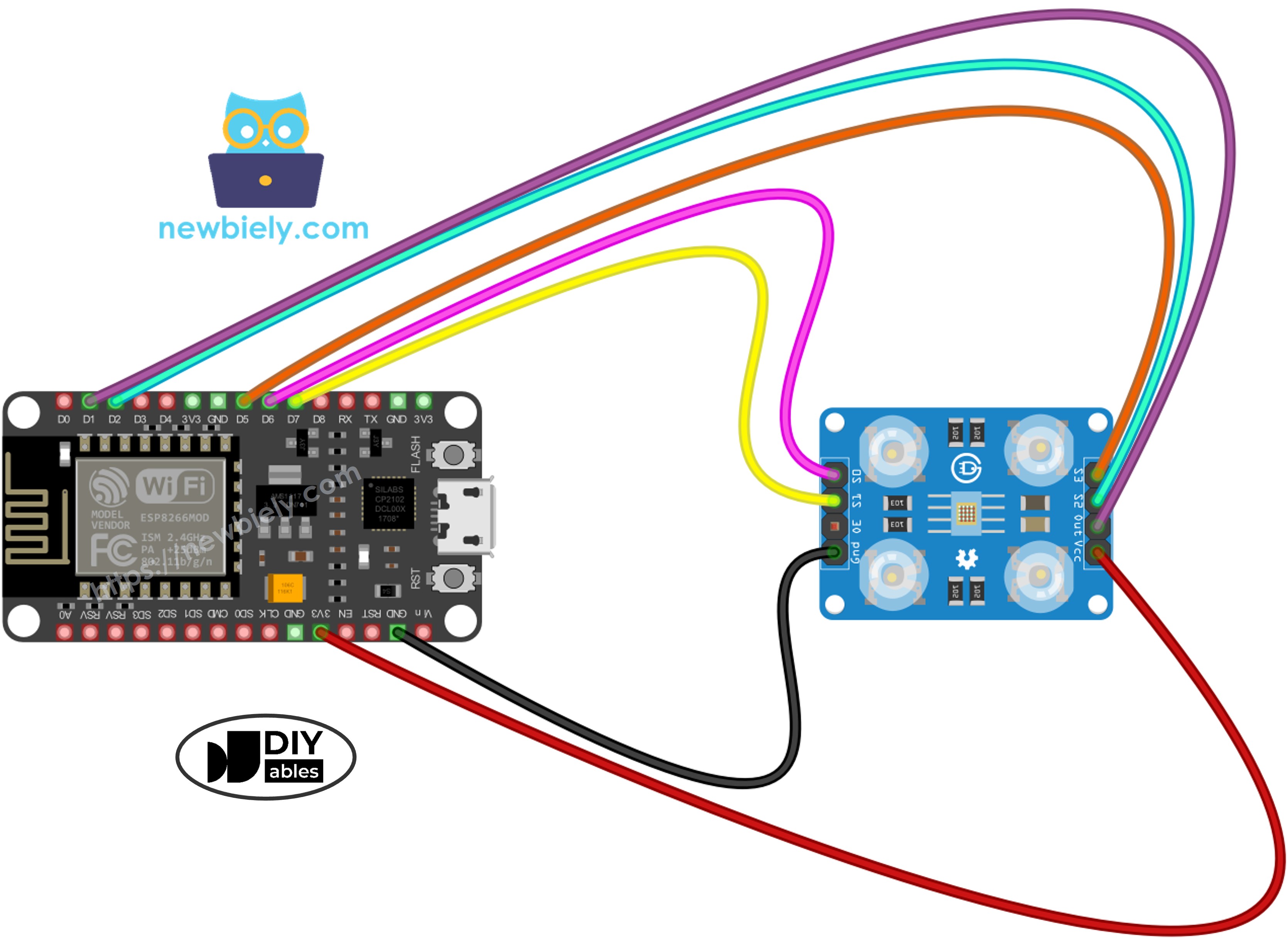 ESP8266 NodeMCU und TCS3200 Farbsensor Schaltplan