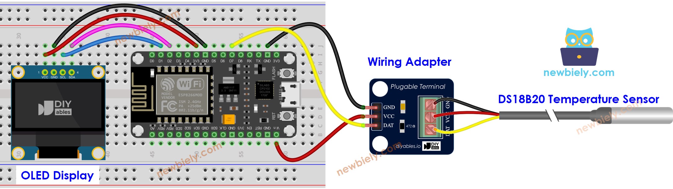ESP8266 NodeMCU DS18B20 Temperatursensor OLED-Verdrahtungsdiagramm