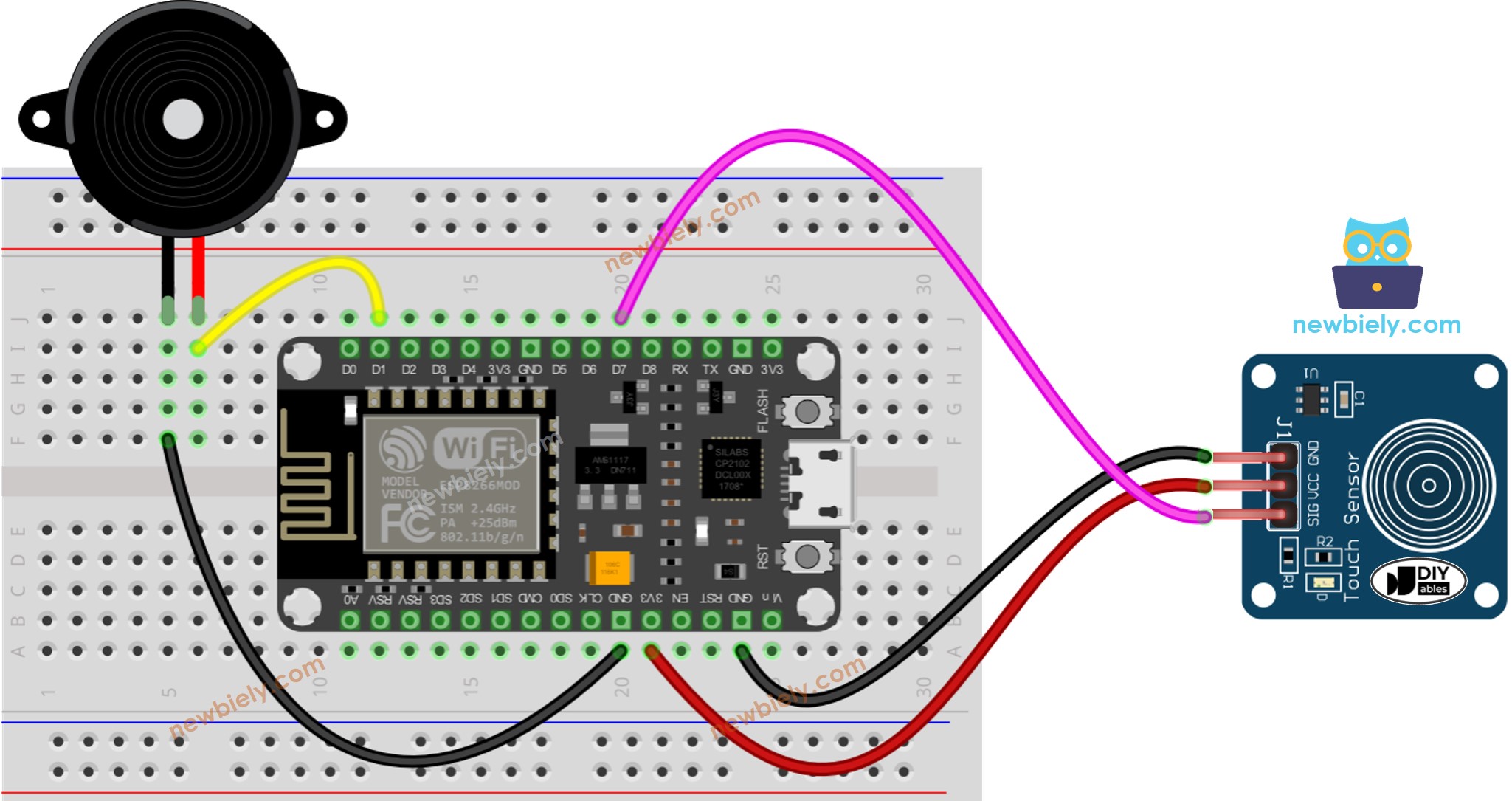 ESP8266 NodeMCU-Berührungssensor Piezo-Buzzer Verdrahtungsdiagramm