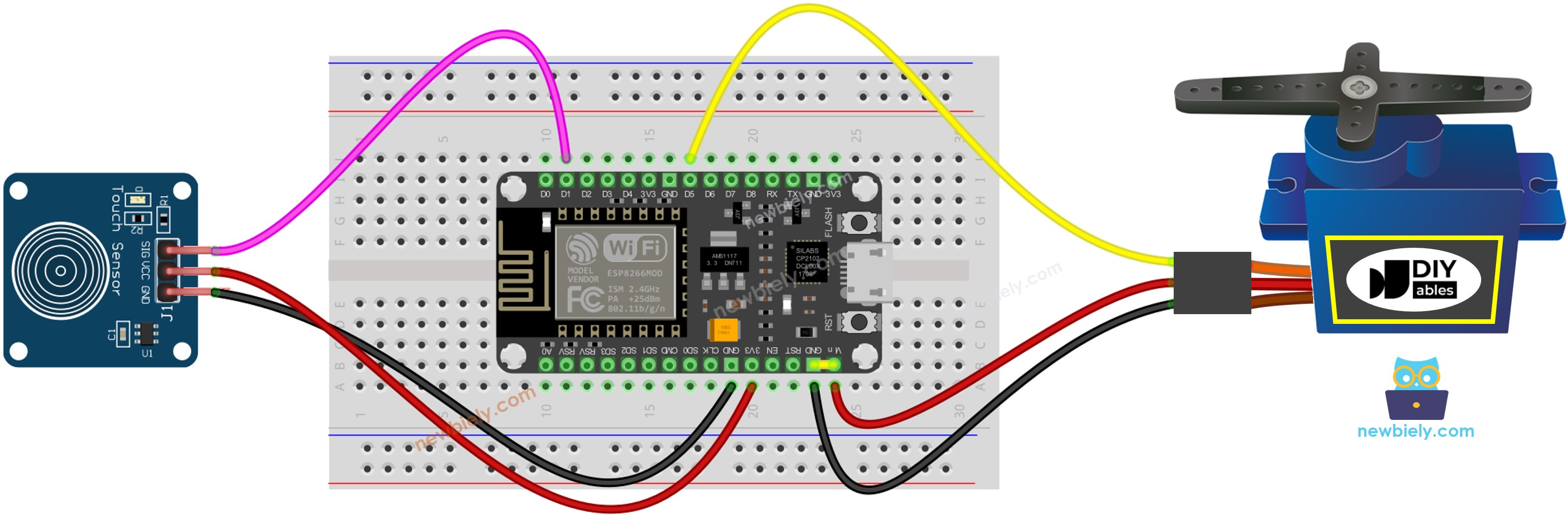 Schaltplan für ESP8266 NodeMCU Berührungssensor und Servomotor