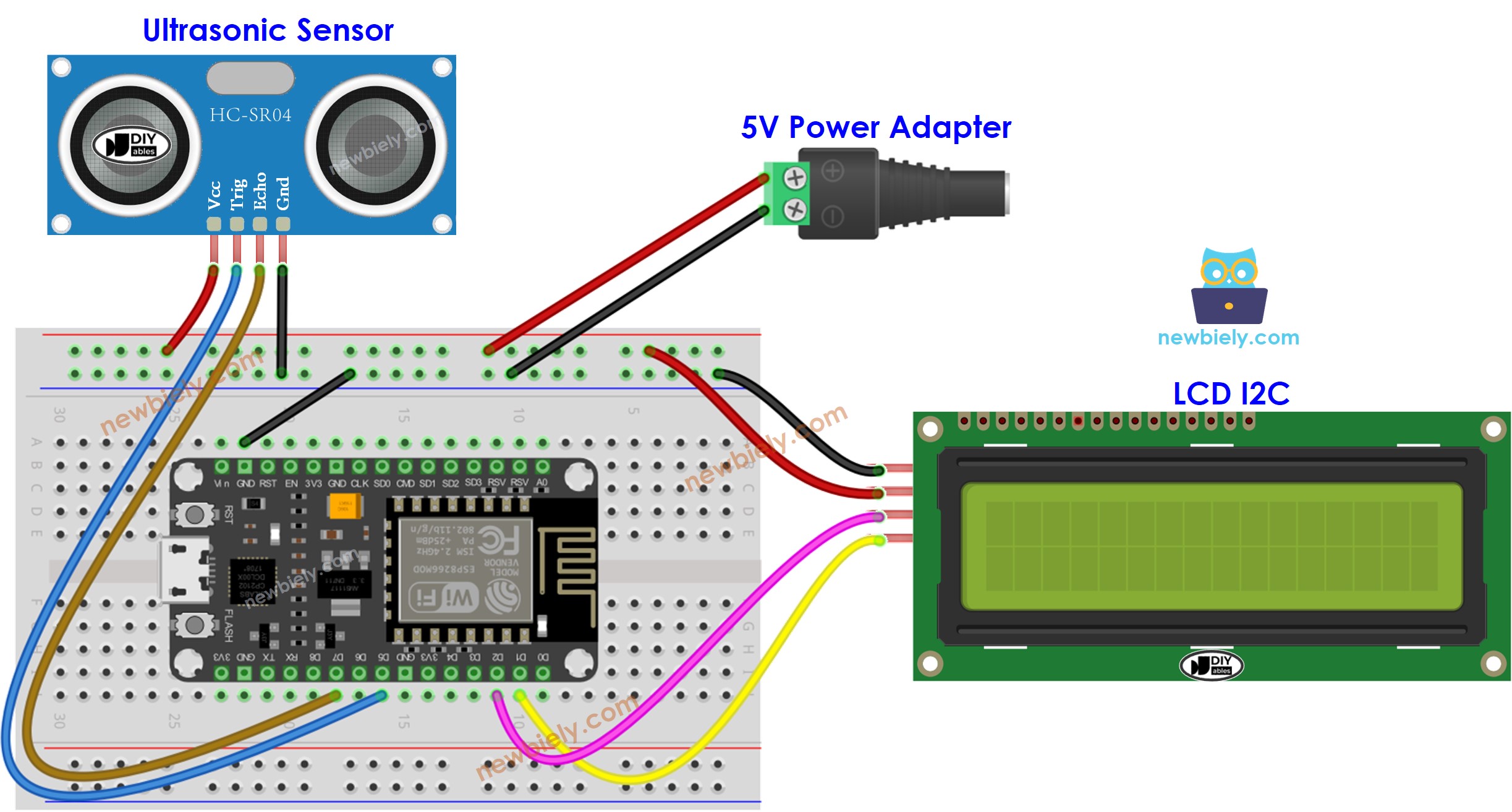 ESP8266 NodeMCU Ultraschallsensor LCD zusätzliche Stromversorgung Verdrahtungsdiagramm