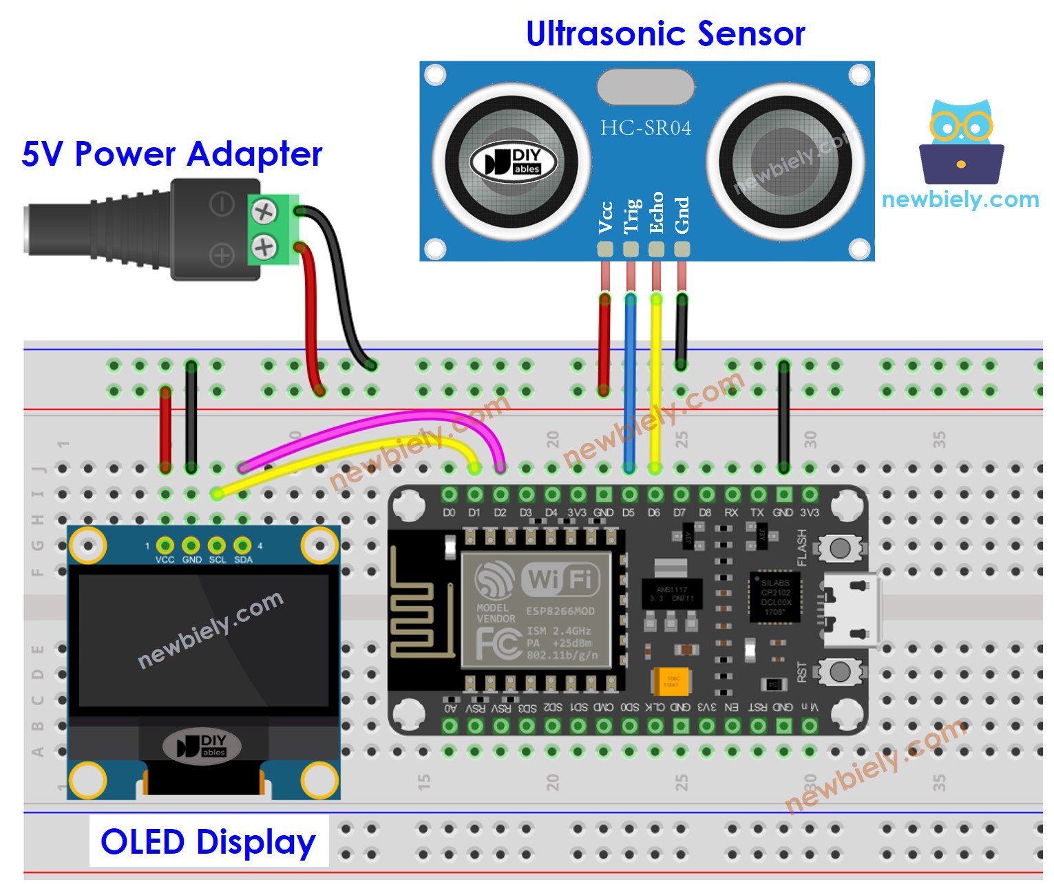 Schaltplan der externen Stromversorgung für ESP8266 NodeMCU-Ultraschallsensor OLED