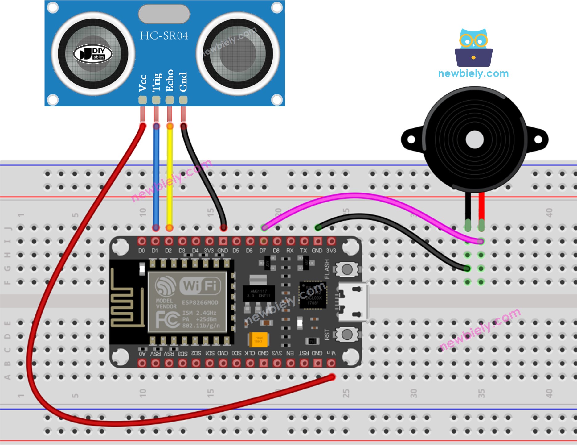 ESP8266 NodeMCU Ultraschallsensor Piezo-Buzzer Verdrahtungsdiagramm