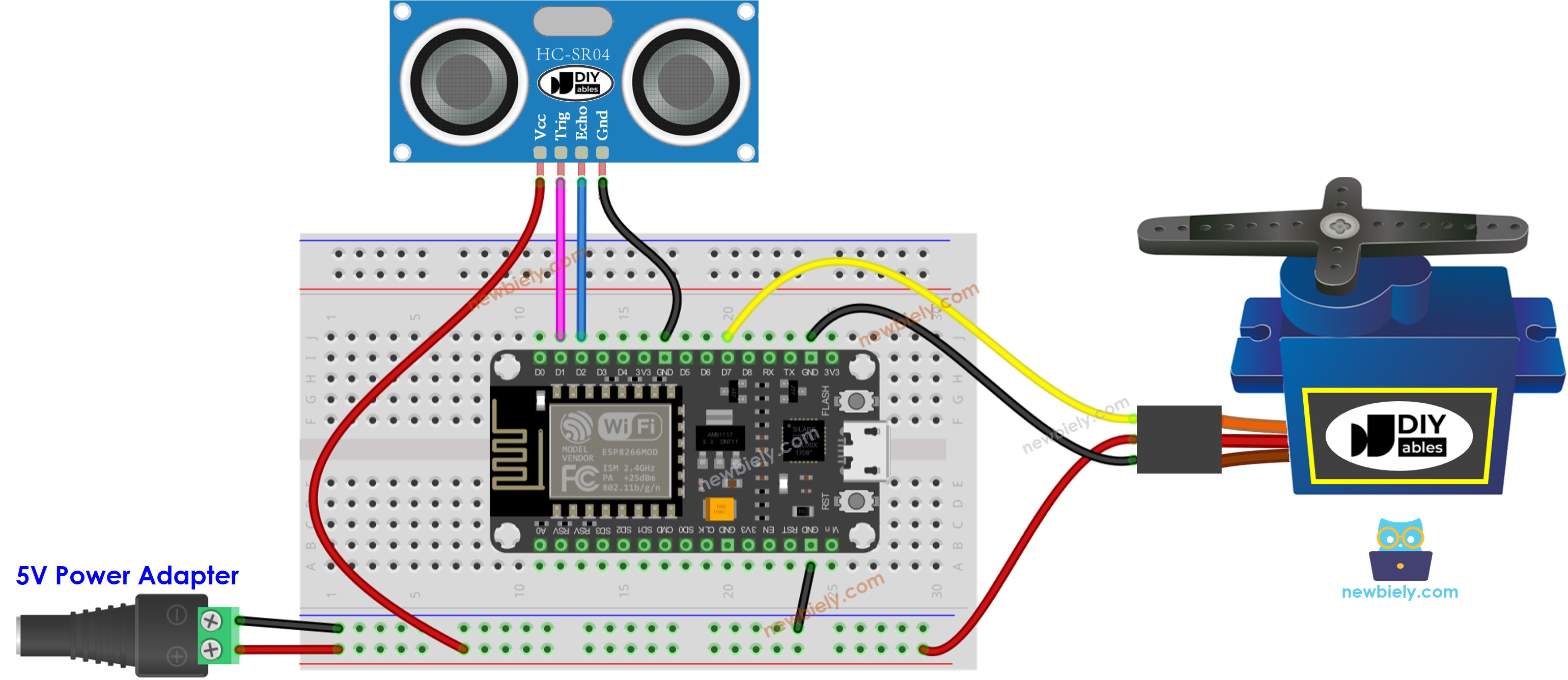 ESP8266 NodeMCU Ultraschallsensor Servomotor Stromversorgungsschaltplan
