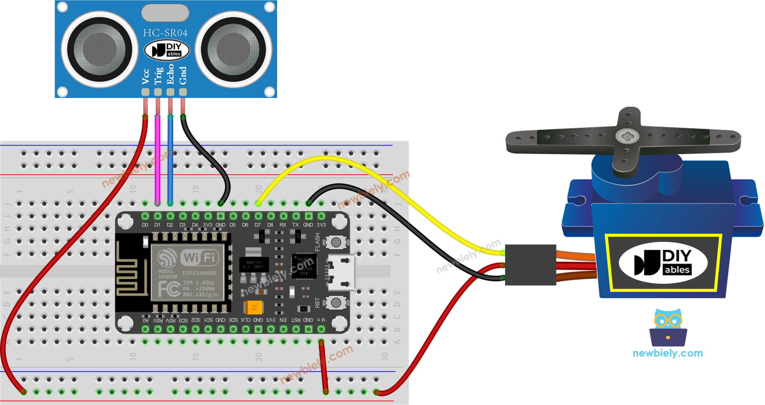 ESP8266 NodeMCU Ultraschallsensor Servomotor Verdrahtungsdiagramm