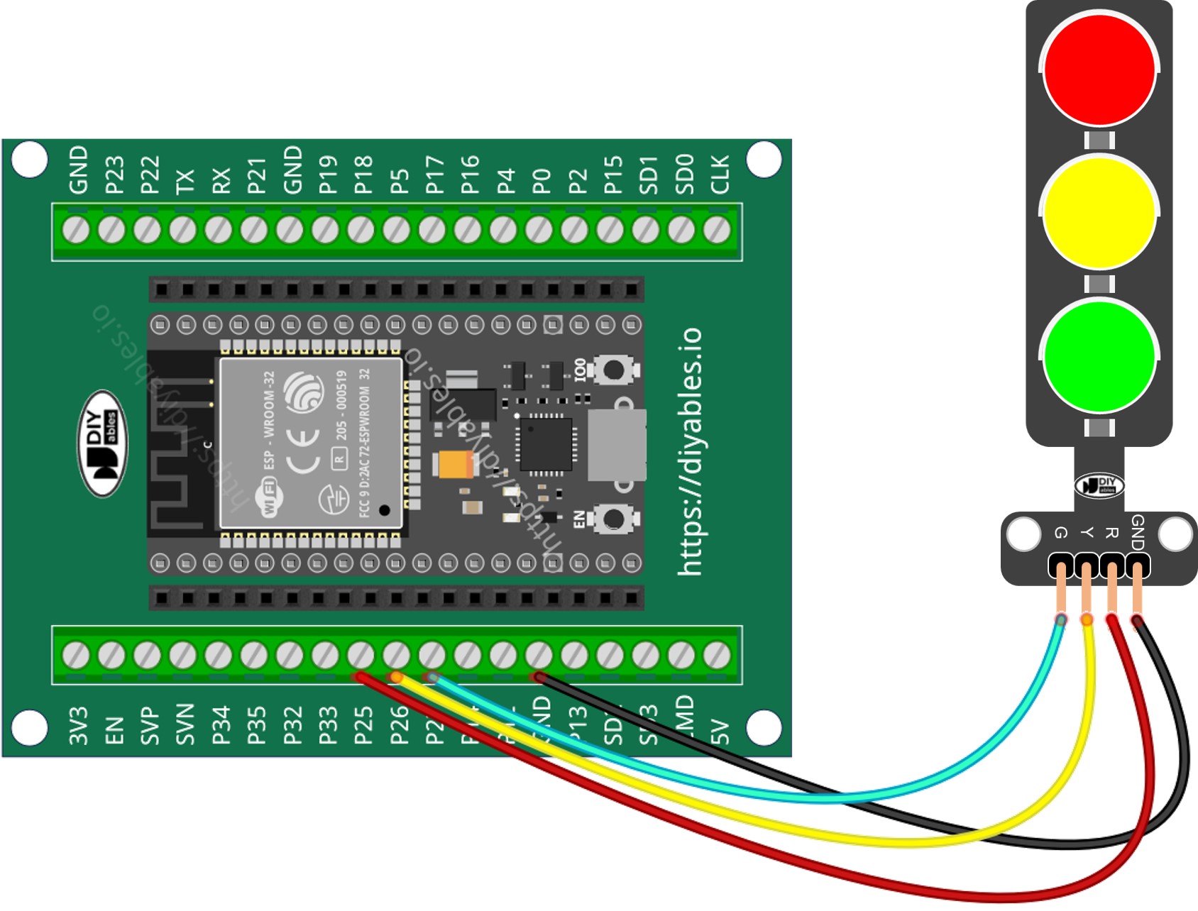 Wie man ESP32 und eine Verkehrsampel anschließt