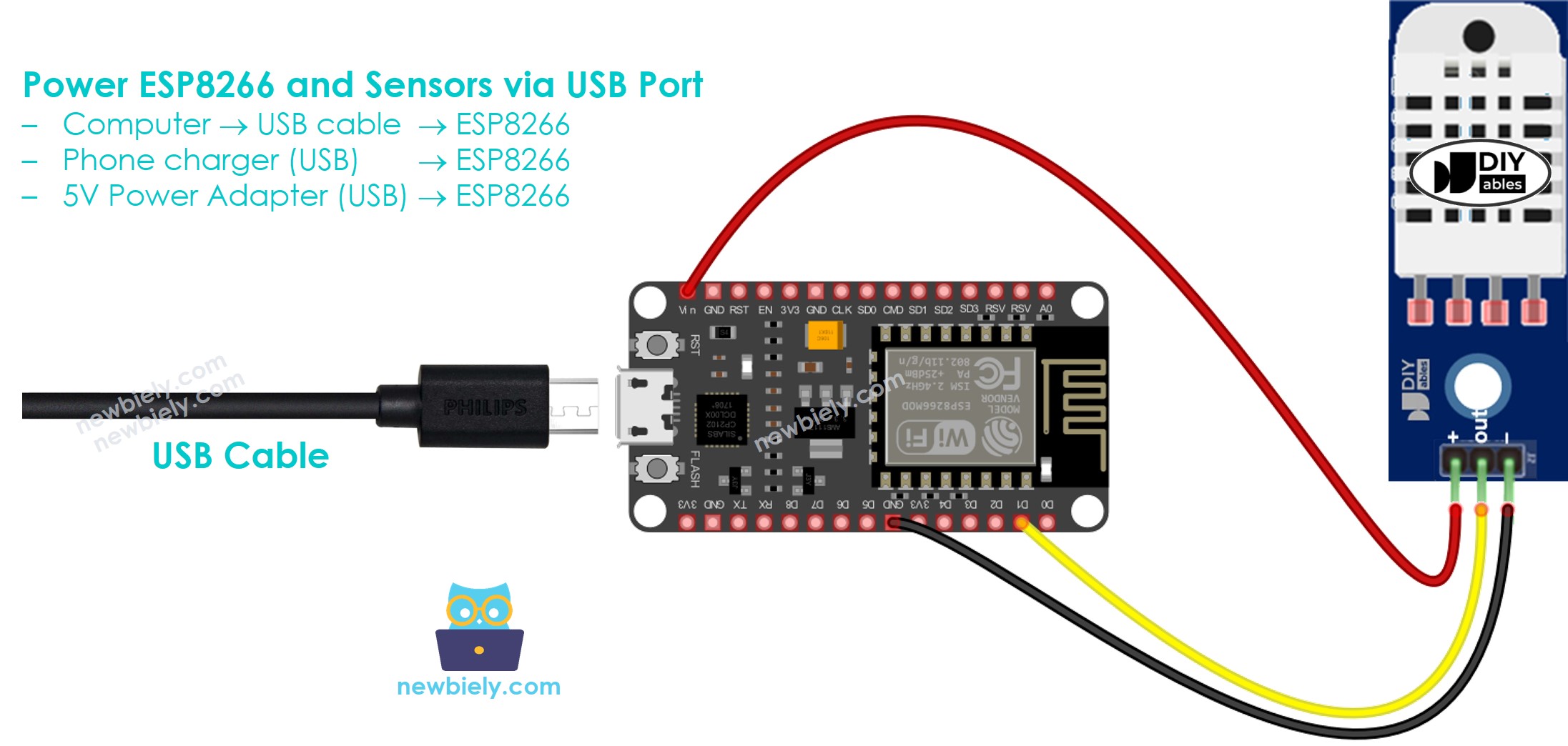 Wie man ESP8266 NodeMCU und Sensoren über den USB-Anschluss mit Strom versorgt