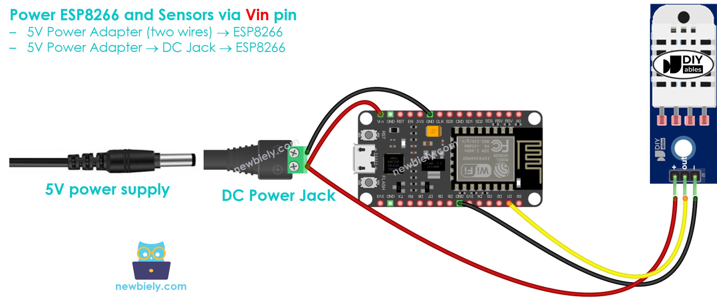 Wie man den ESP8266 NodeMCU und Sensoren über den Vin-Pin mit Strom versorgt.