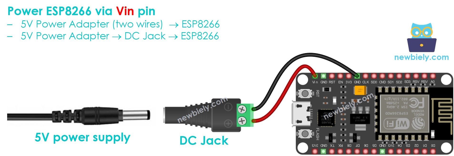 Wie versorgt man den ESP8266 NodeMCU über den Vin-Pin mit Strom?
