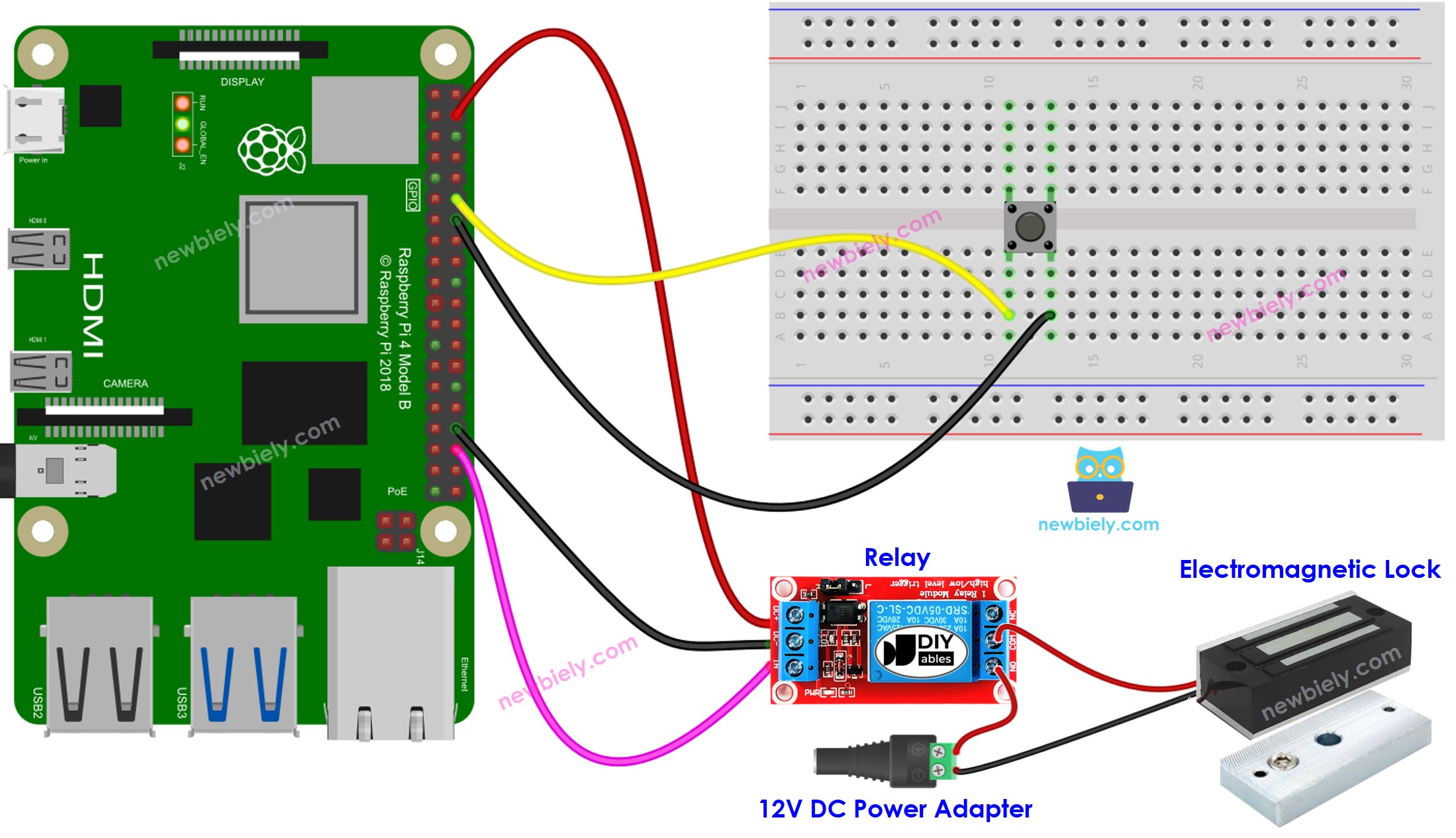 Schaltplan zur Verdrahtung eines Raspberry-Pi-Tasters mit elektromagnetischem Türschloss