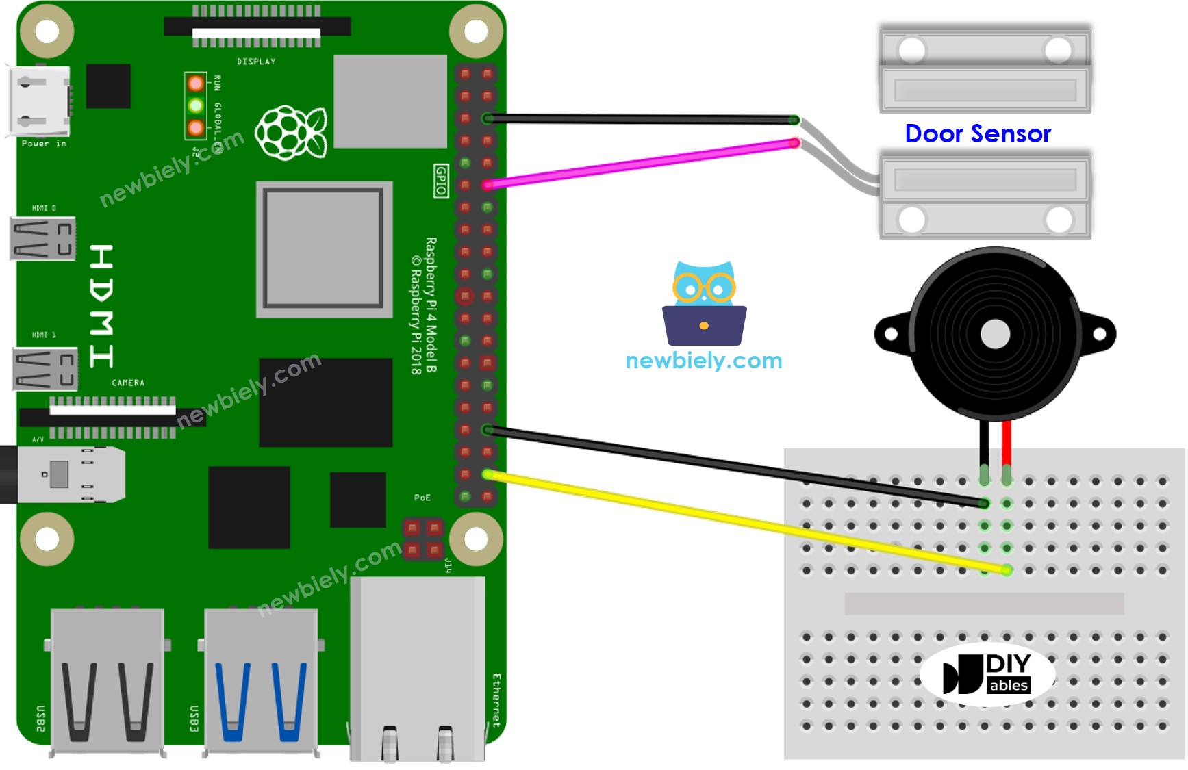 Raspberry Pi Türsensor Piezo Summer Schaltplan