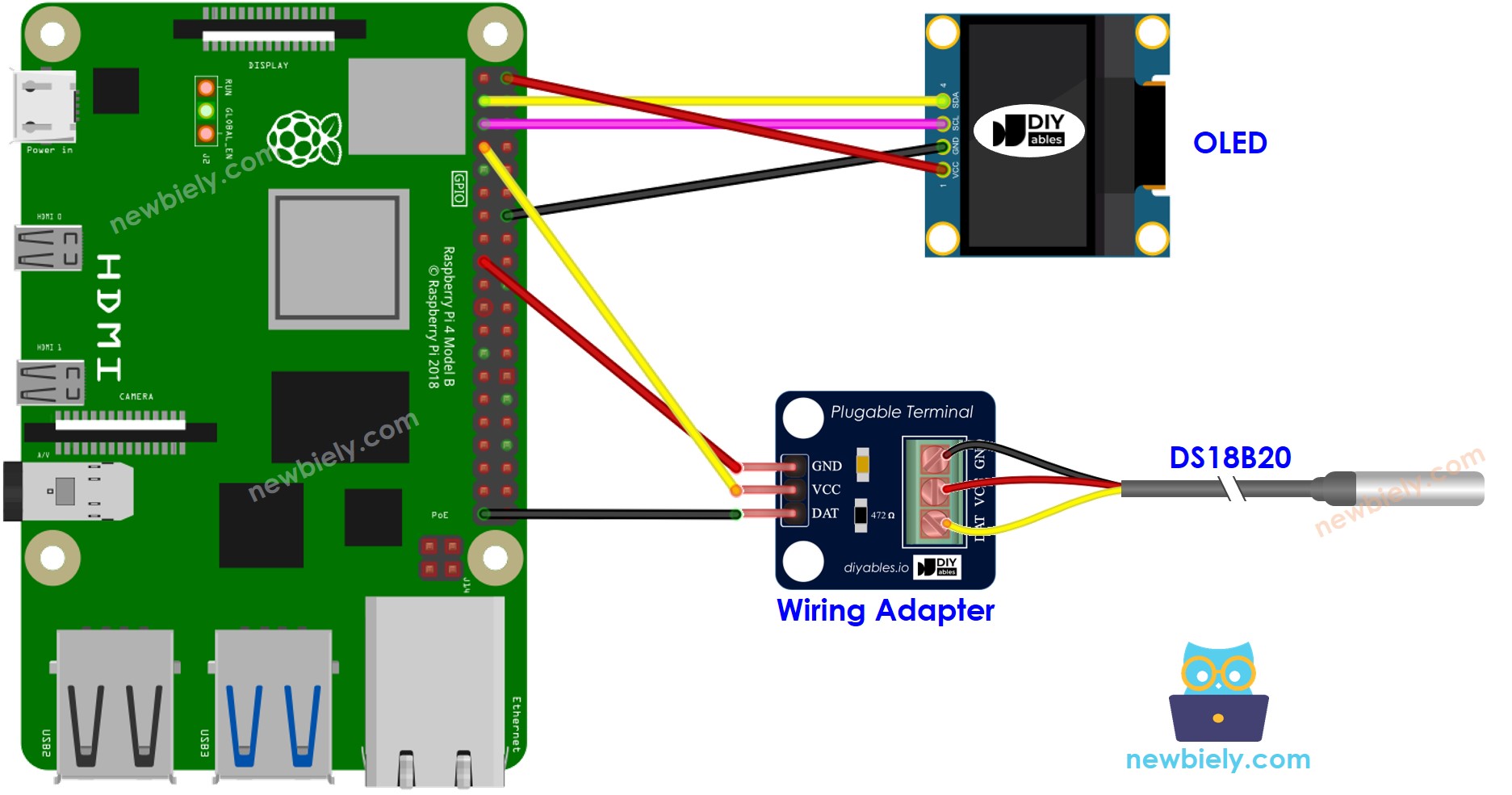 Raspberry Pi DS18B20 Temperature Sensor OLED wiring diagram