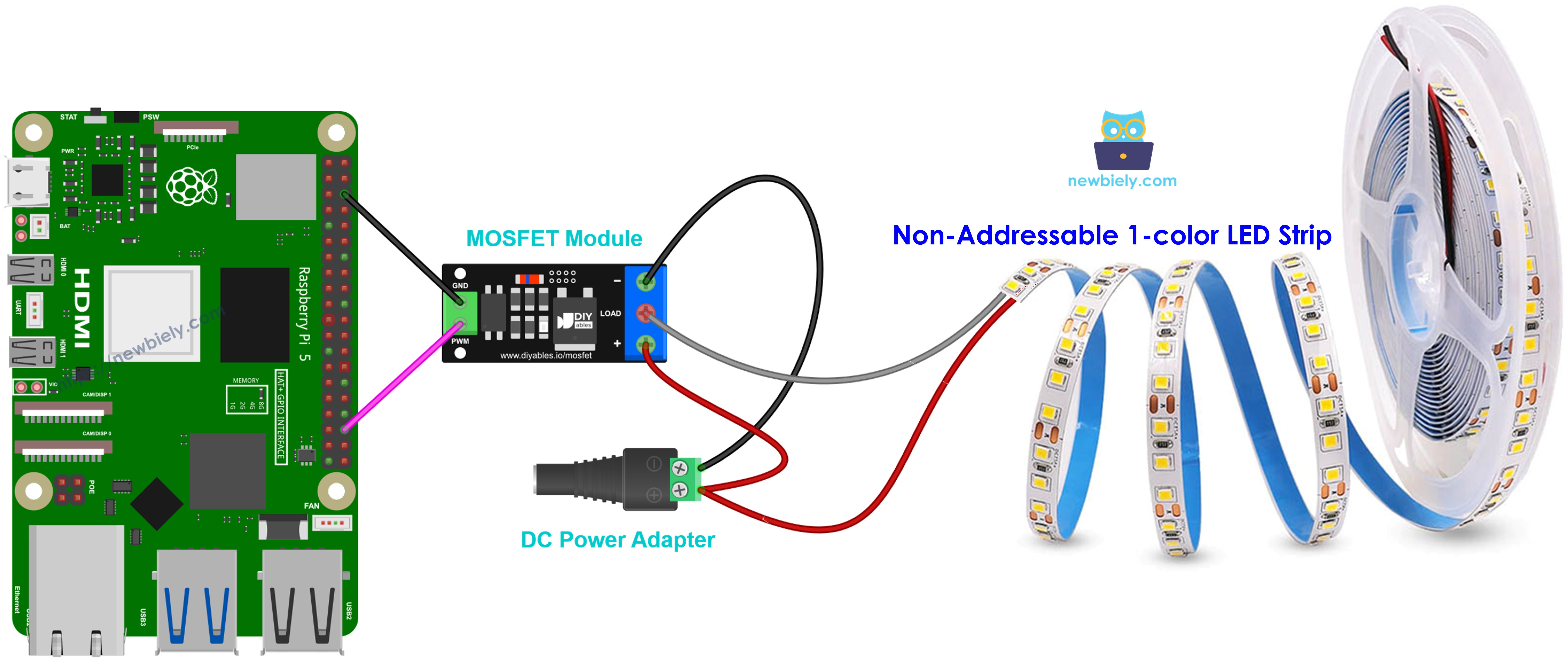 MOSFET module wiring for a single-color 12V LED strip