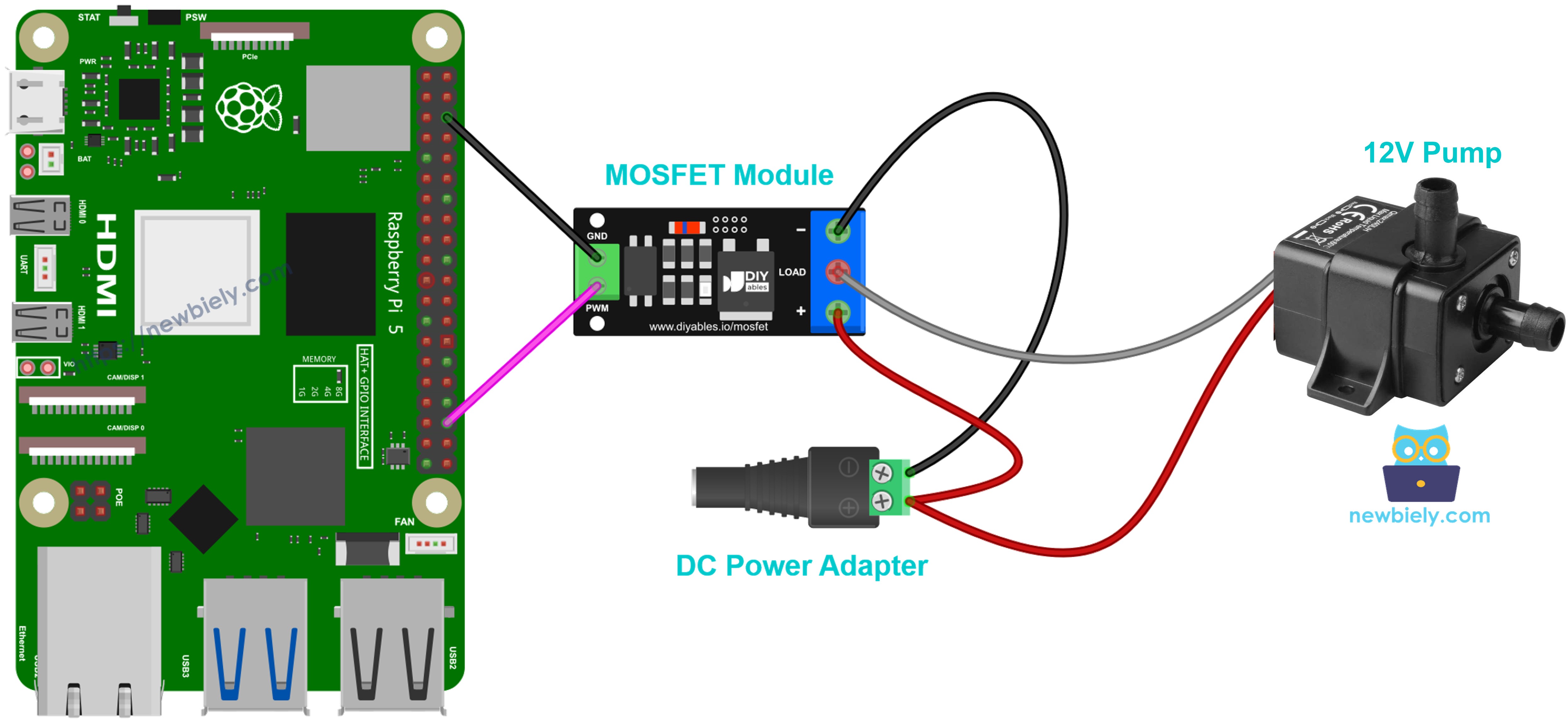 MOSFET module wiring for a 12V water pump