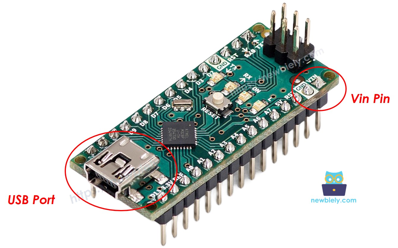 Zwei Möglichkeiten, das Arduino Nano mit Strom zu versorgen